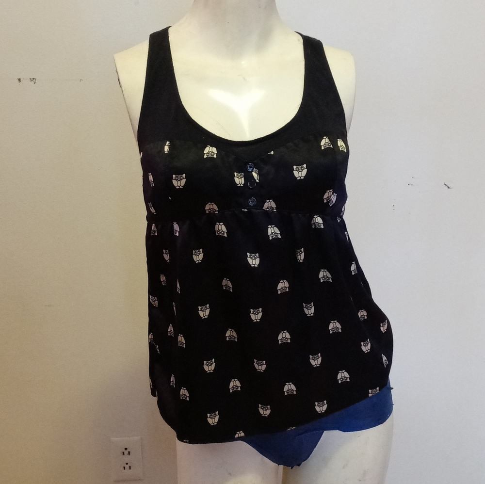 Kirra black satin owl racerback tank top women's small.